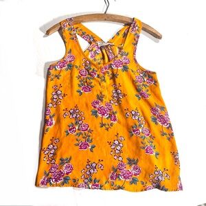 Pink Rose Strappy Scoop Neck Henley Tank Top Sz S Dark Yellow Floral Print